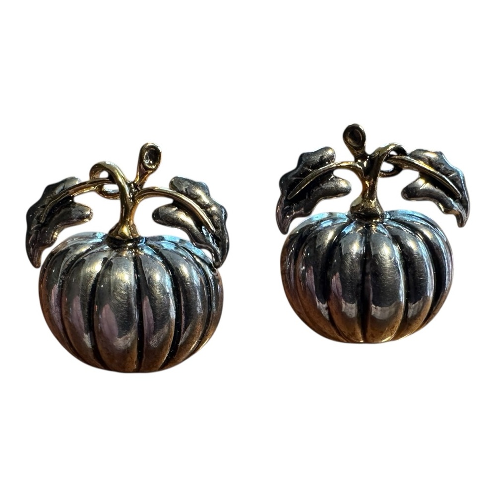 Vintage Pumpkin Earrings Gold Silver Two Tone Leaf Fall Autumn Best Posts Signed